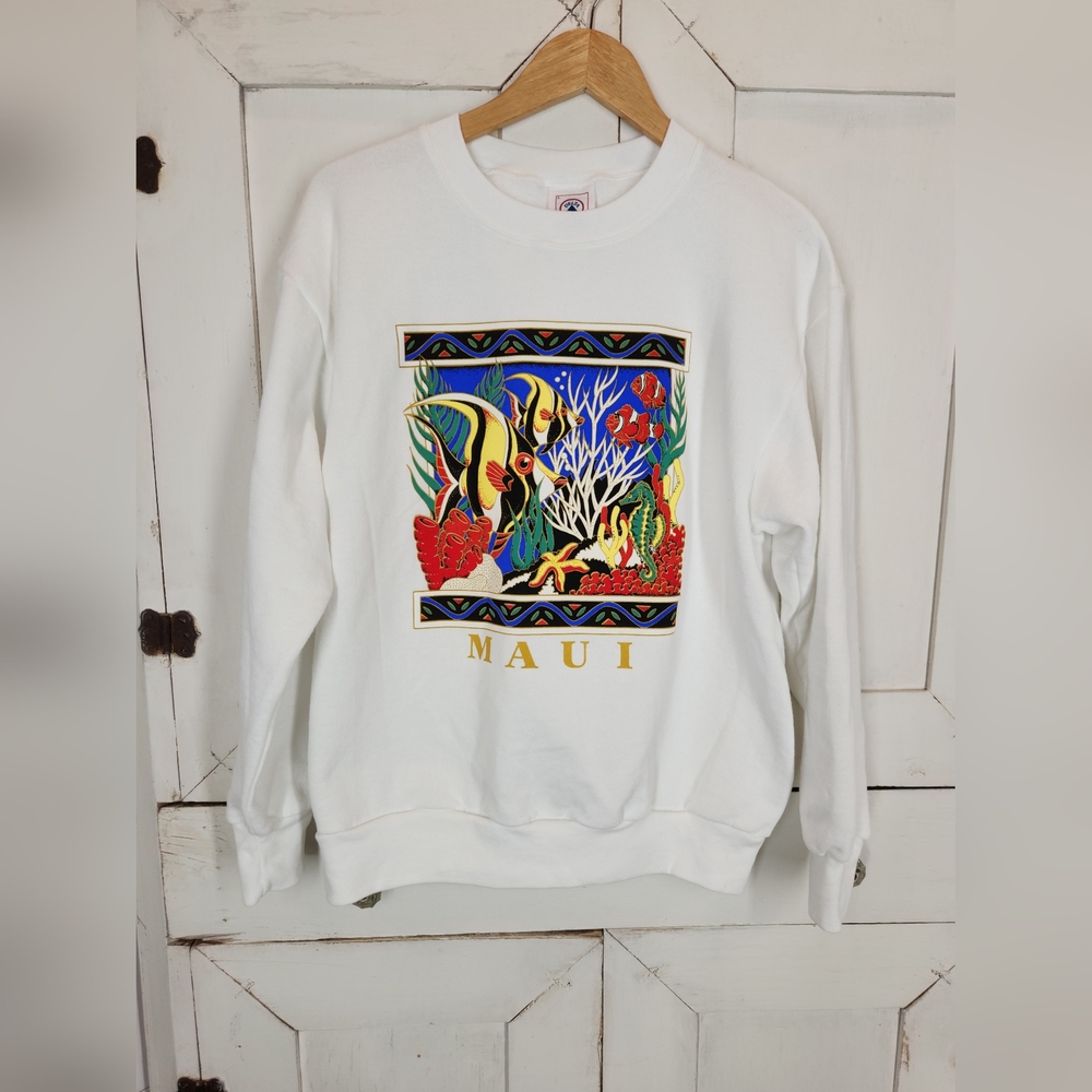 Vintage 90s Maui Hawaii Travel White Sweatshirt Bright Tropical Fish Unisex L